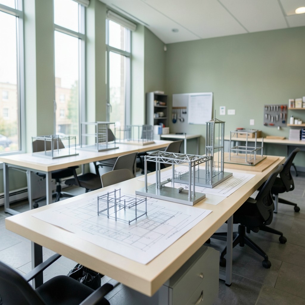 Civil engineering studio with drawing boards and structural models at Ridgepoint in Birmingham